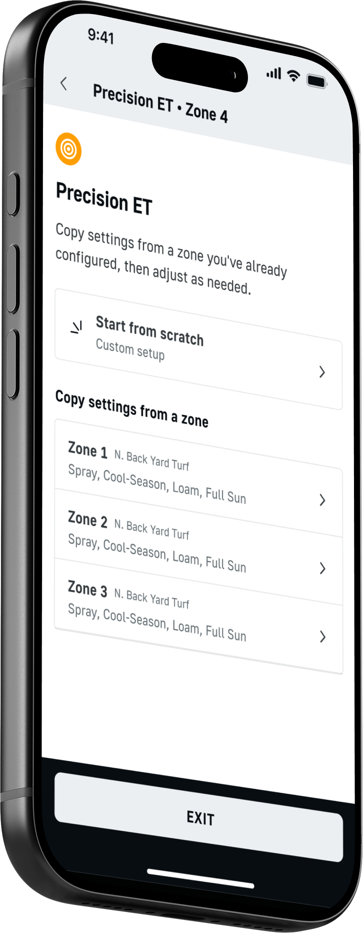 Precision ET sun exposure selection screen