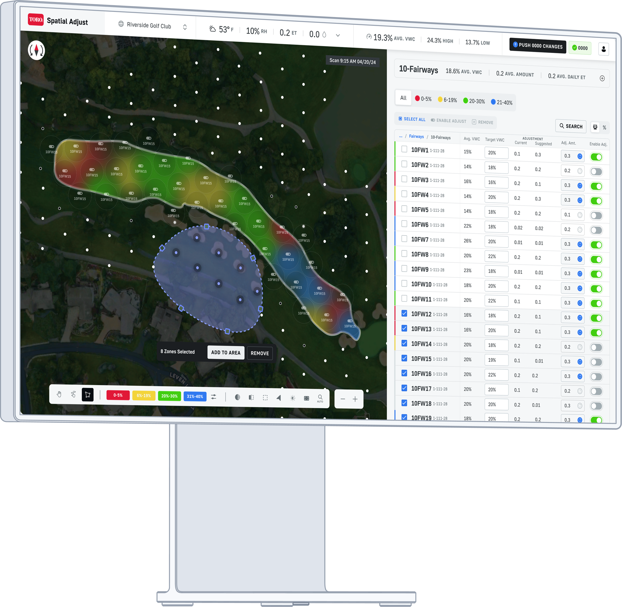 Spatial Adjust interface showing override trust patterns and course-level insight.