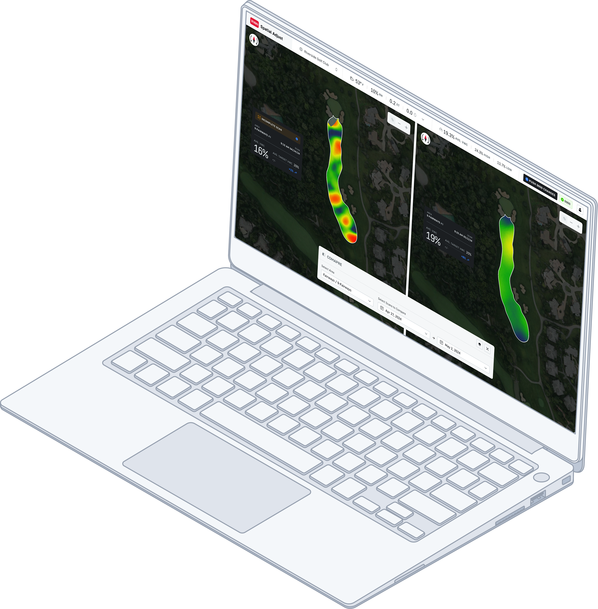 Spatial Adjust desktop flow showing finalized review and recommendation acceptance.